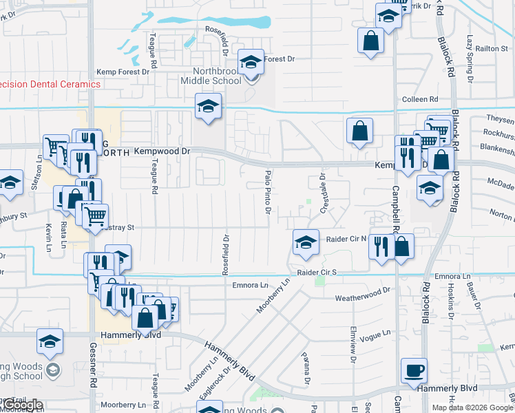 map of restaurants, bars, coffee shops, grocery stores, and more near 2630 Parana Drive in Houston