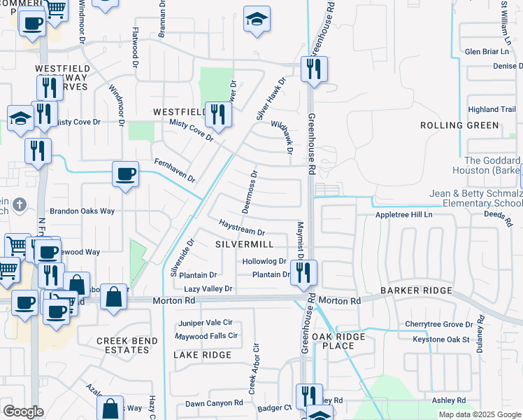 map of restaurants, bars, coffee shops, grocery stores, and more near 19222 Winding Branch Drive in Katy