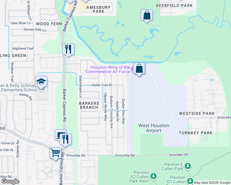 map of restaurants, bars, coffee shops, grocery stores, and more near 3534 Apple Dale Drive in Houston