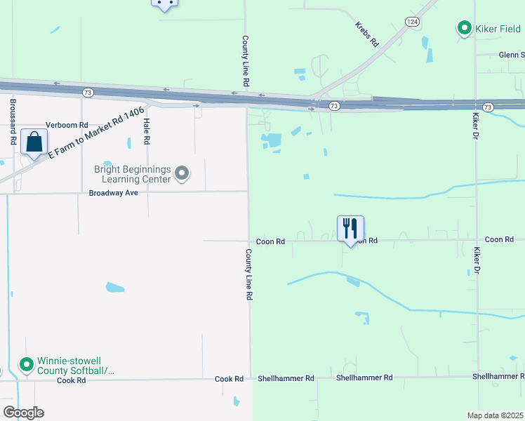 map of restaurants, bars, coffee shops, grocery stores, and more near 18609 County Line Road in Winnie