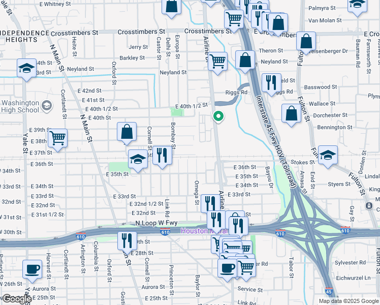 map of restaurants, bars, coffee shops, grocery stores, and more near 1114 East 37th Street in Houston