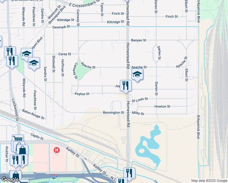map of restaurants, bars, coffee shops, grocery stores, and more near 7030 Jay Street in Houston