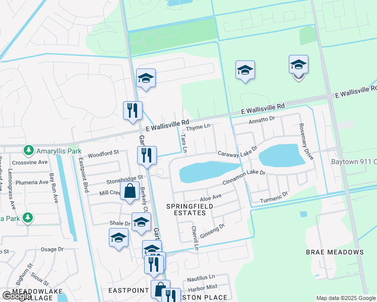 map of restaurants, bars, coffee shops, grocery stores, and more near 8306 Taro Lane in Baytown