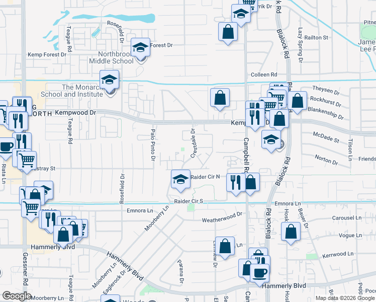 map of restaurants, bars, coffee shops, grocery stores, and more near 9725 Kempwood Drive in Houston