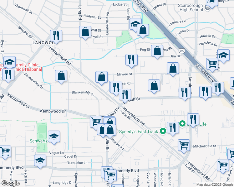map of restaurants, bars, coffee shops, grocery stores, and more near 11718 Hempstead Road in Houston