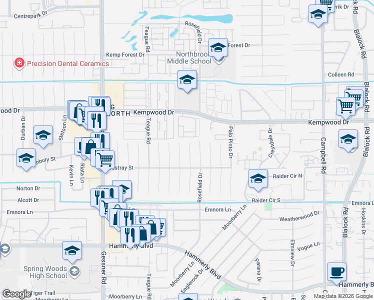 map of restaurants, bars, coffee shops, grocery stores, and more near 2627 Pomeran Drive in Houston