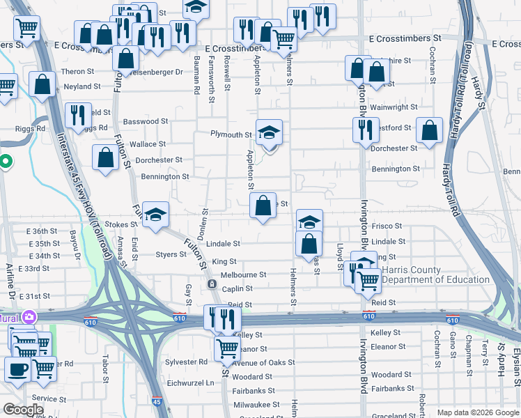 map of restaurants, bars, coffee shops, grocery stores, and more near 524 Comile Street in Houston