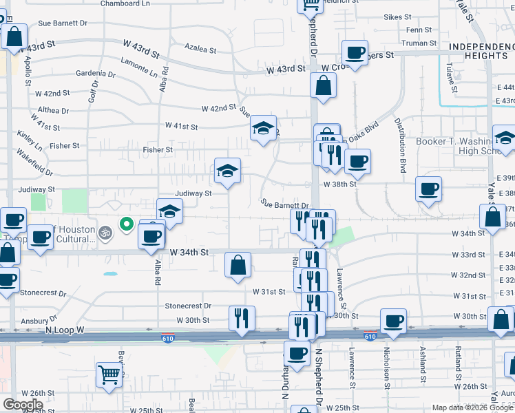map of restaurants, bars, coffee shops, grocery stores, and more near 746 Sue Barnett Drive in Houston