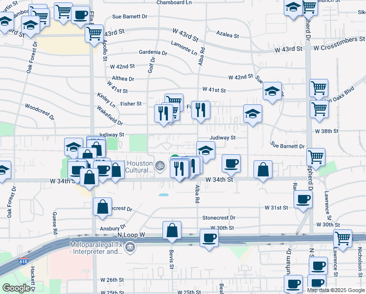 map of restaurants, bars, coffee shops, grocery stores, and more near 910 West 35th Street in Houston