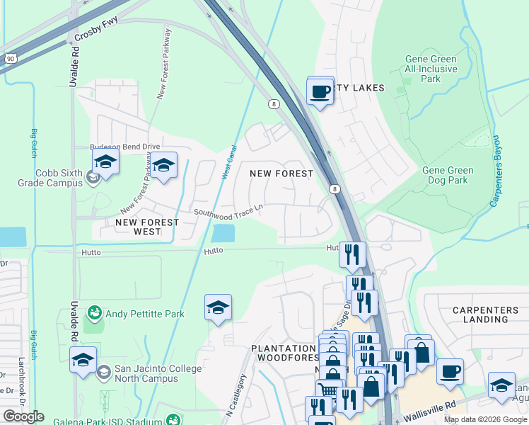 map of restaurants, bars, coffee shops, grocery stores, and more near 6630 Wiltshire Downs Lane in Houston