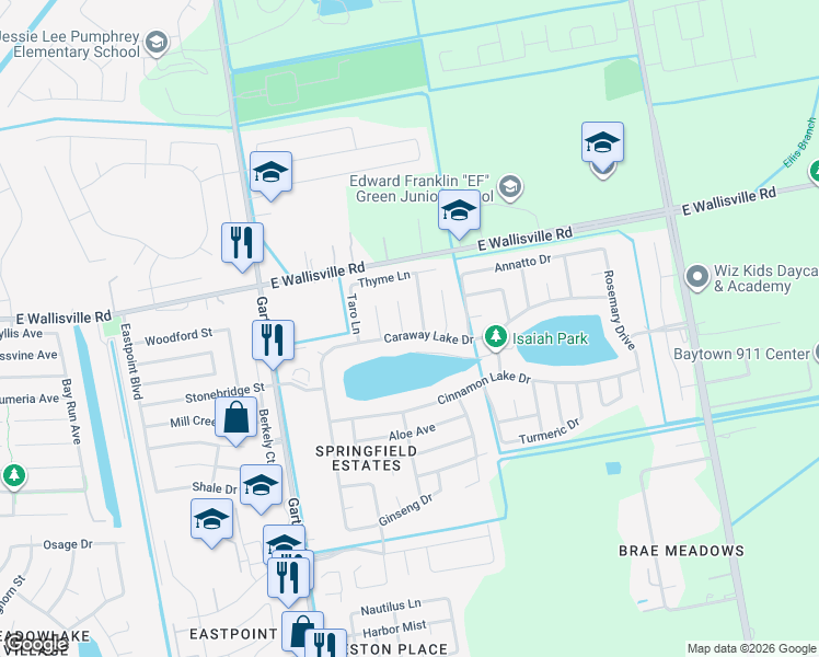 map of restaurants, bars, coffee shops, grocery stores, and more near 8302 Cardamon Lane in Baytown