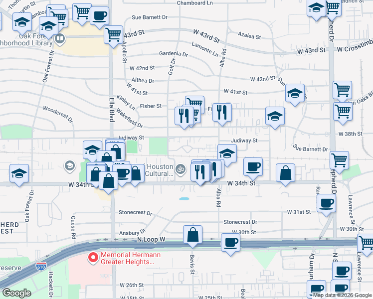 map of restaurants, bars, coffee shops, grocery stores, and more near 944 West 35th Street in Houston