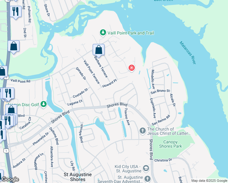 map of restaurants, bars, coffee shops, grocery stores, and more near 362 Casuarina Circle in St. Augustine