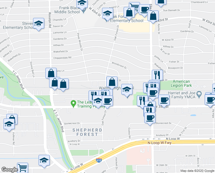map of restaurants, bars, coffee shops, grocery stores, and more near 3538 Oak Forest Dr in Houston
