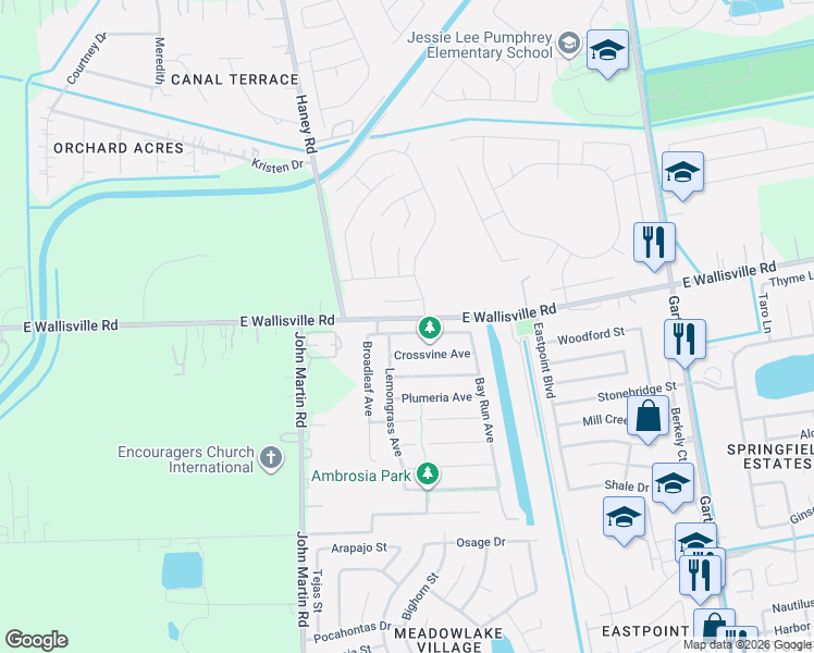 map of restaurants, bars, coffee shops, grocery stores, and more near 4923 Amaryllis Avenue in Baytown