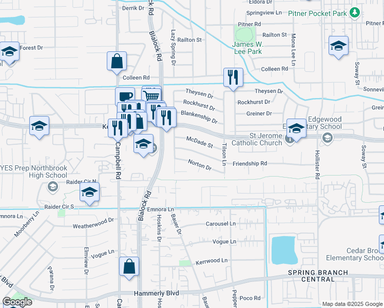 map of restaurants, bars, coffee shops, grocery stores, and more near 9251 Friendship Road in Houston