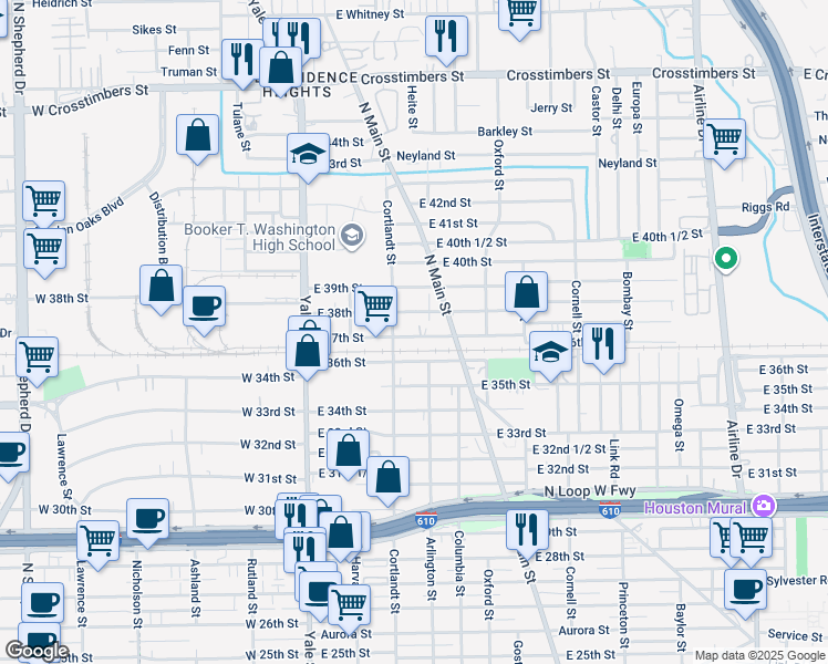 map of restaurants, bars, coffee shops, grocery stores, and more near 313 East 37th Street in Houston