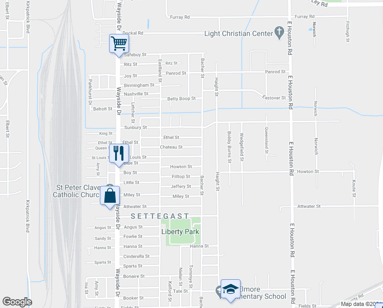 map of restaurants, bars, coffee shops, grocery stores, and more near 8105 Saint Louis Street in Houston