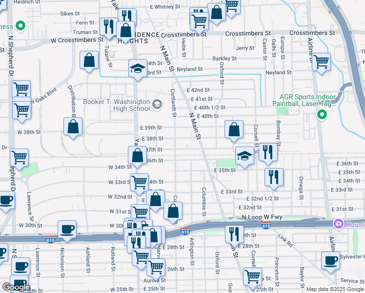 map of restaurants, bars, coffee shops, grocery stores, and more near 313 East 37th Street in Houston