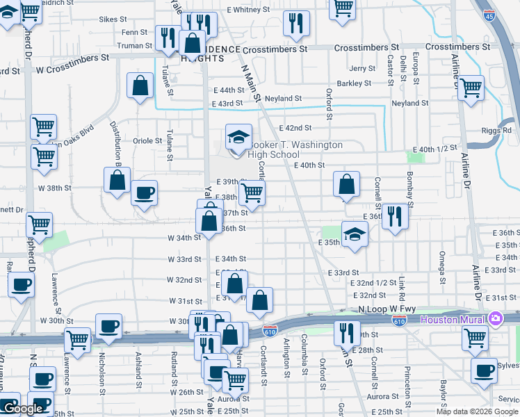 map of restaurants, bars, coffee shops, grocery stores, and more near 219 East 37th Street in Houston
