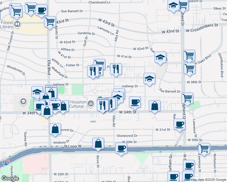 map of restaurants, bars, coffee shops, grocery stores, and more near 910 West 35th Street in Houston