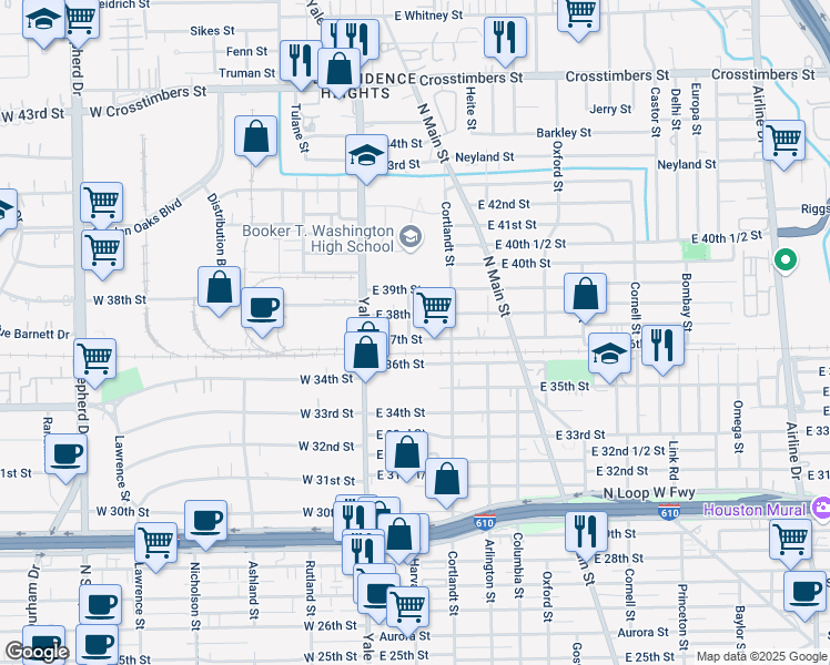map of restaurants, bars, coffee shops, grocery stores, and more near 203 East 37th Street in Houston