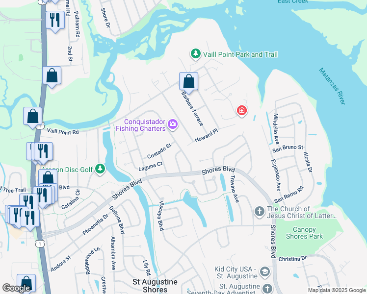 map of restaurants, bars, coffee shops, grocery stores, and more near 1023 Dorado Drive in St. Augustine