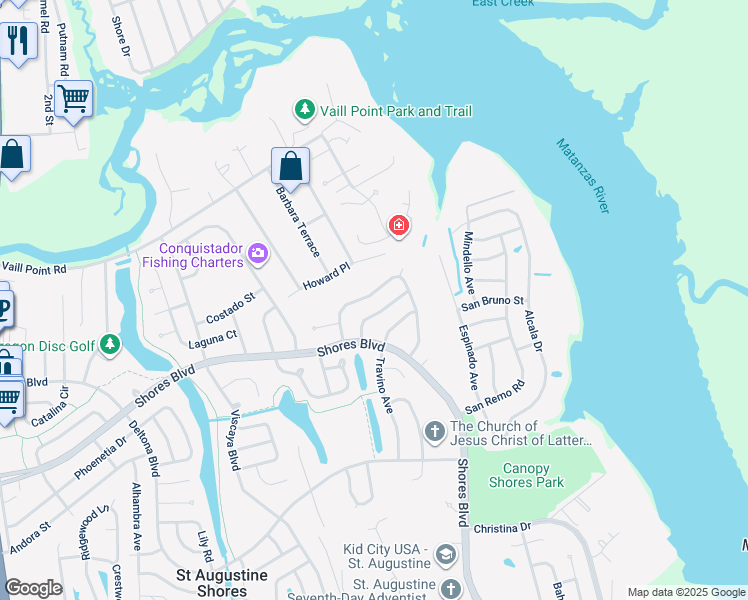 map of restaurants, bars, coffee shops, grocery stores, and more near 385 Casuarina Circle in St. Augustine