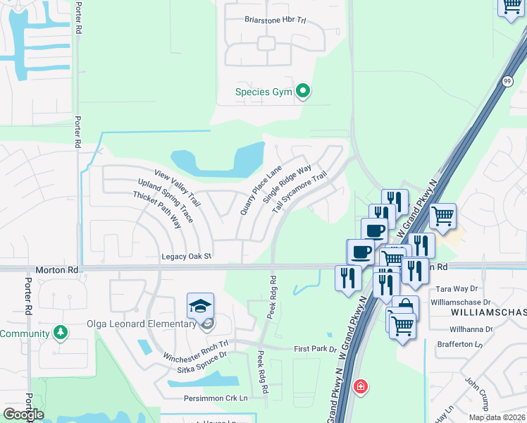 map of restaurants, bars, coffee shops, grocery stores, and more near 3202 Quarry Place Lane in Katy