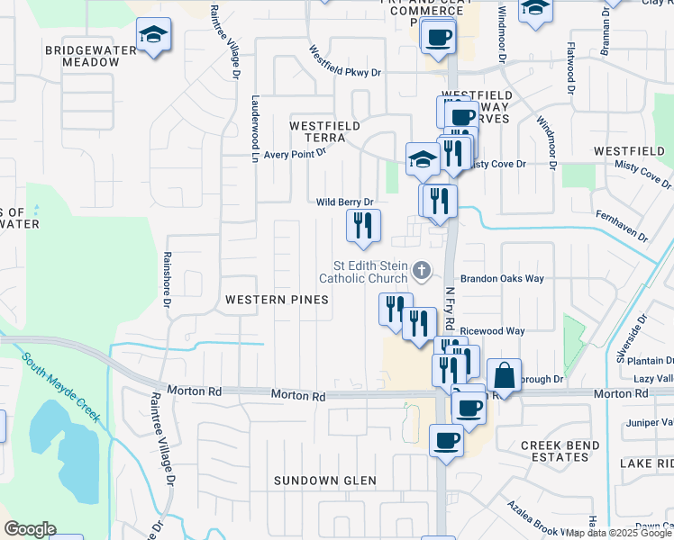 map of restaurants, bars, coffee shops, grocery stores, and more near 3418 Terry Lane in Katy