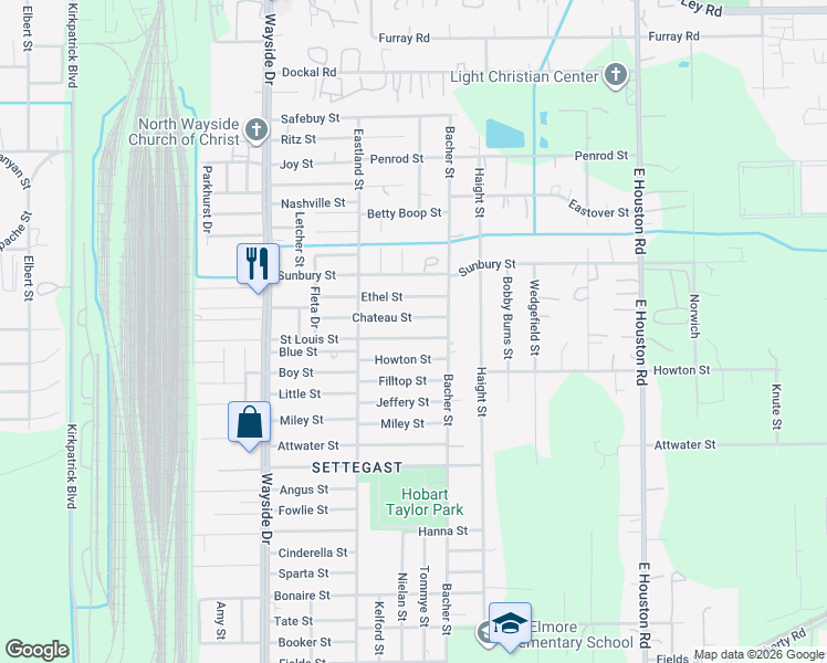 map of restaurants, bars, coffee shops, grocery stores, and more near 8105 Saint Louis Street in Houston
