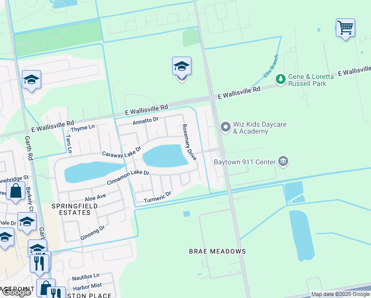 map of restaurants, bars, coffee shops, grocery stores, and more near 8215 Rosemary Drive in Baytown