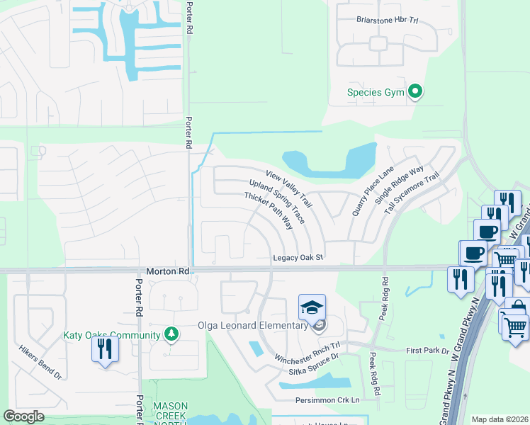 map of restaurants, bars, coffee shops, grocery stores, and more near 3138 Madison Elm Street in Katy