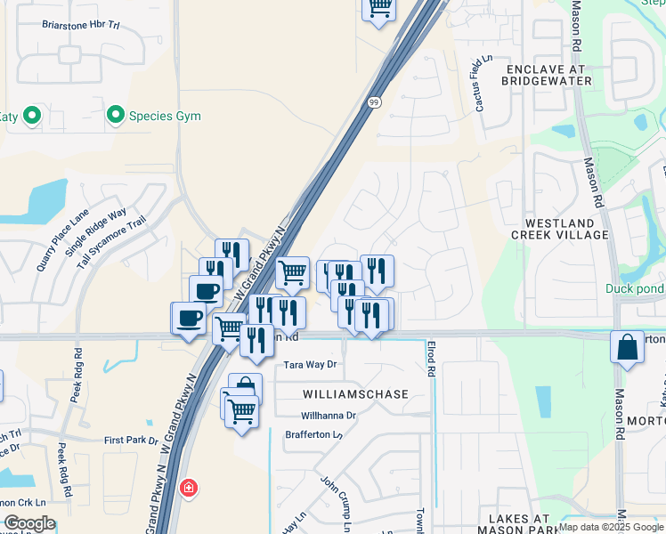 map of restaurants, bars, coffee shops, grocery stores, and more near 22727 Corinth Meadow Court in Katy