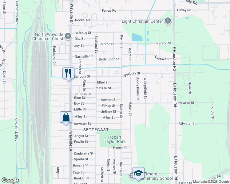 map of restaurants, bars, coffee shops, grocery stores, and more near 8105 Saint Louis Street in Houston