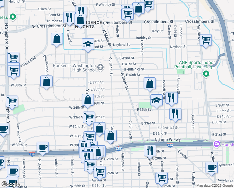 map of restaurants, bars, coffee shops, grocery stores, and more near 313 East 37th Street in Houston