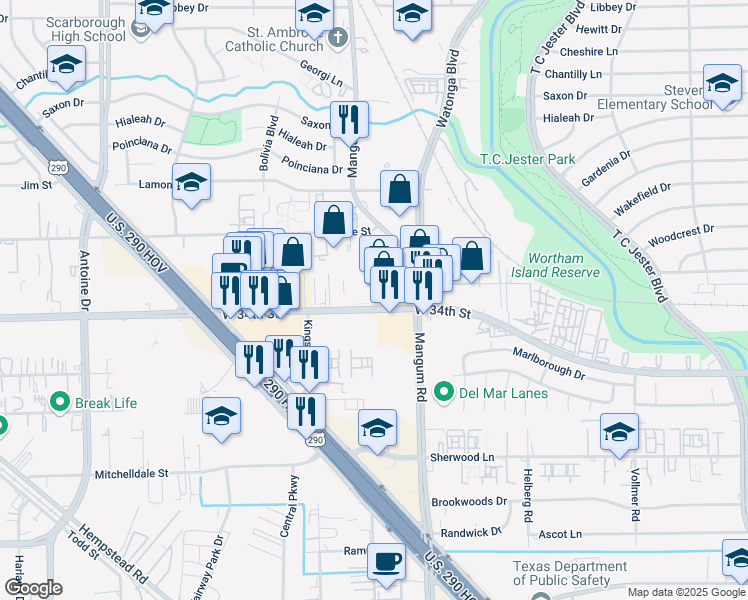 map of restaurants, bars, coffee shops, grocery stores, and more near 4800 West 34th Street in Houston
