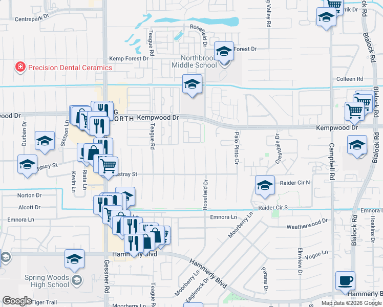 map of restaurants, bars, coffee shops, grocery stores, and more near 2627 Pomeran Drive in Houston