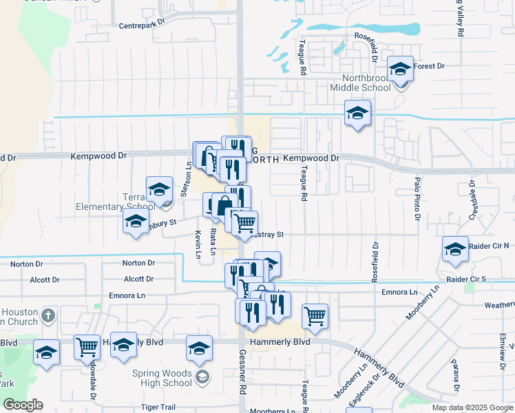 map of restaurants, bars, coffee shops, grocery stores, and more near 2627 Talina Way in Houston