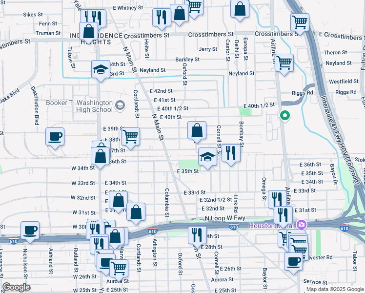 map of restaurants, bars, coffee shops, grocery stores, and more near 601 East 37th Street in Houston