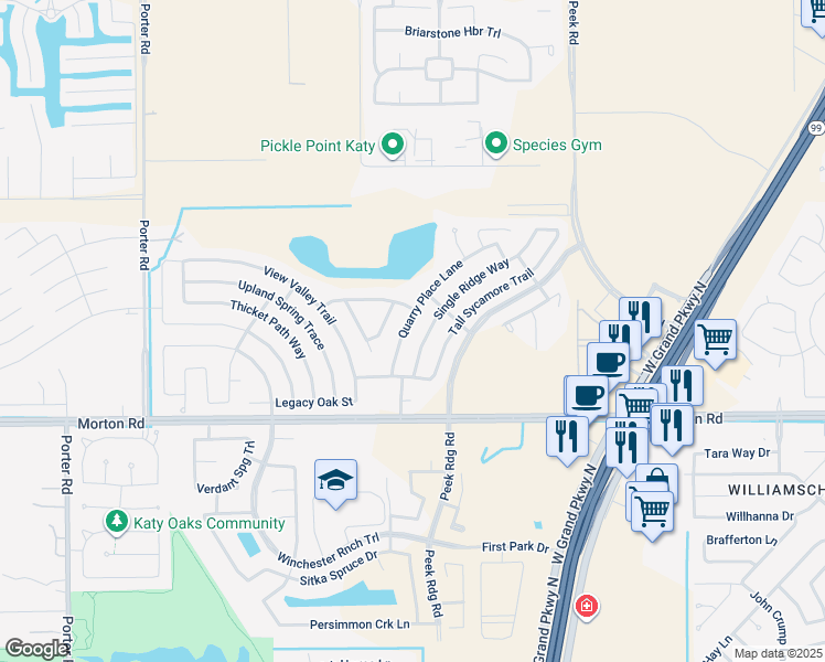map of restaurants, bars, coffee shops, grocery stores, and more near 3202 Quarry Place Lane in Katy