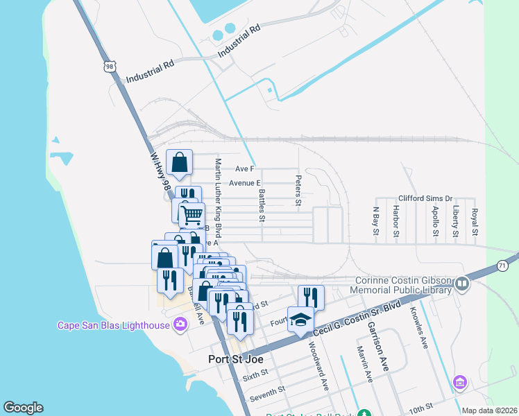 map of restaurants, bars, coffee shops, grocery stores, and more near A Ave C in Port St. Joe
