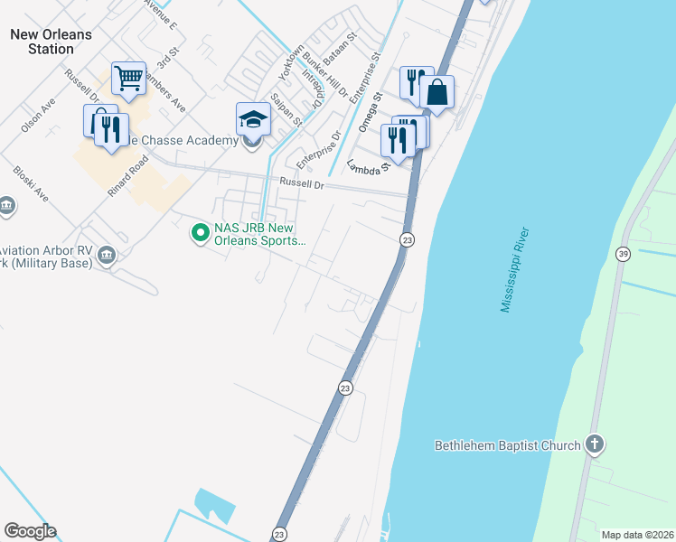 map of restaurants, bars, coffee shops, grocery stores, and more near 190 South Concord Road in Belle Chasse