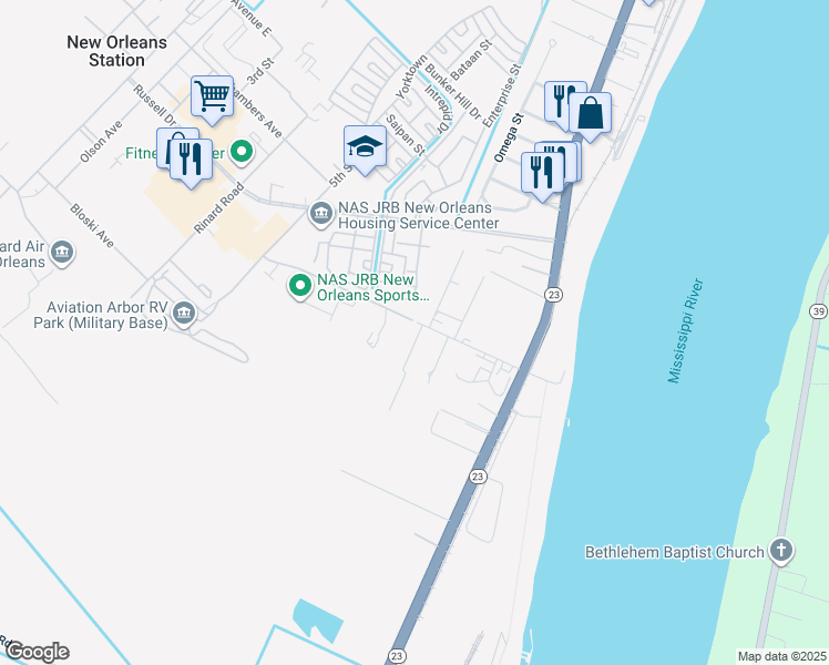 map of restaurants, bars, coffee shops, grocery stores, and more near 102 Protti Drive in Belle Chasse