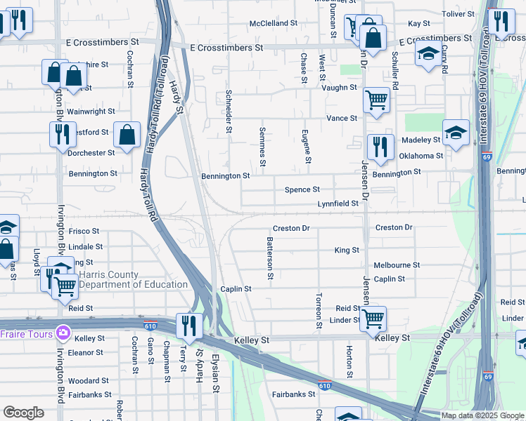 map of restaurants, bars, coffee shops, grocery stores, and more near 2014 Lynnfield Street in Houston
