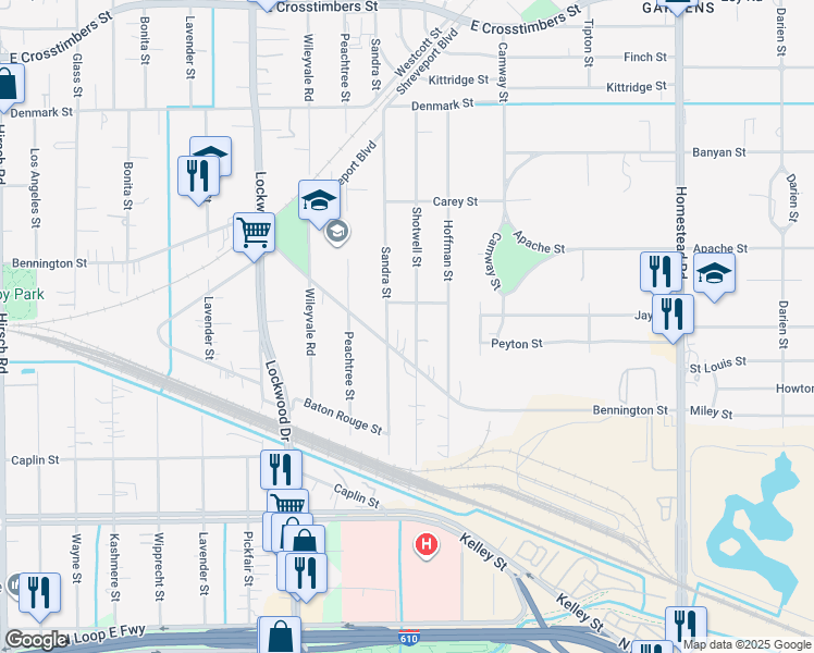 map of restaurants, bars, coffee shops, grocery stores, and more near 6521 Shotwell Street in Houston