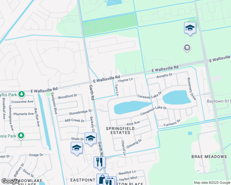map of restaurants, bars, coffee shops, grocery stores, and more near 8315 Taro Ln in Baytown