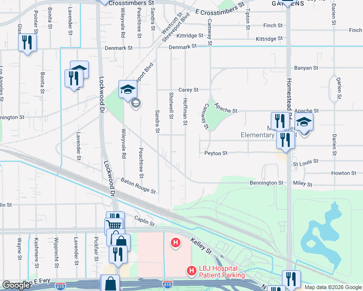 map of restaurants, bars, coffee shops, grocery stores, and more near 6617 Hoffman Street in Houston