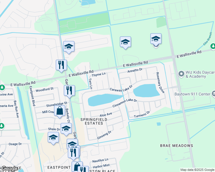 map of restaurants, bars, coffee shops, grocery stores, and more near 8307 Tarragon Lane in Baytown