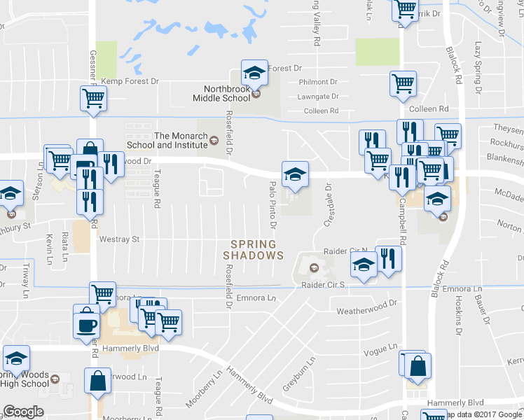 map of restaurants, bars, coffee shops, grocery stores, and more near 2630 Parana Drive in Houston